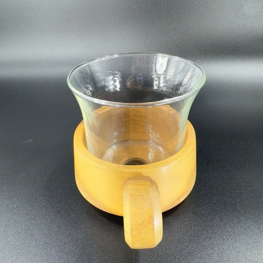 Vintage Jena Glass Mug with Wooden Holder Insert Set 3 Round Handle Wood Insert‎
